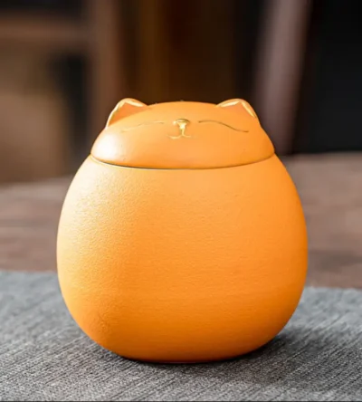 Round Cat Ceramic Urn 230ml - Orange