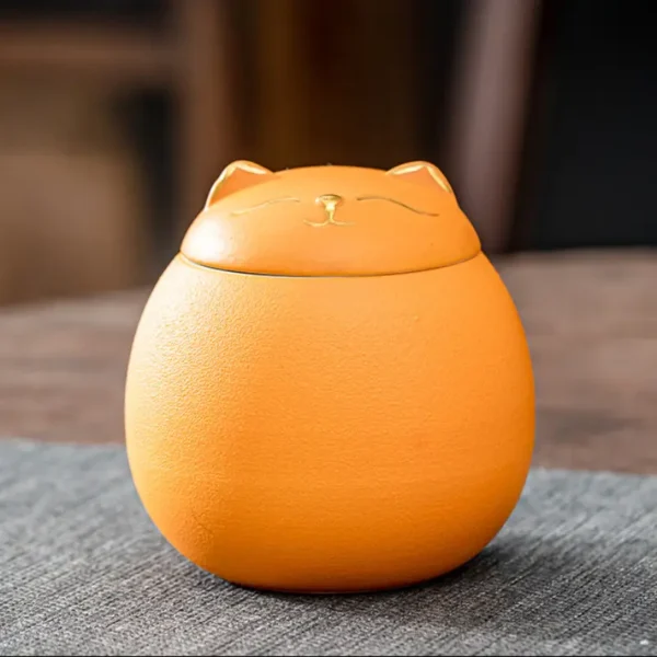 Round Cat Ceramic Urn 230ml - Orange