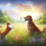 Dog and cat in a meadow