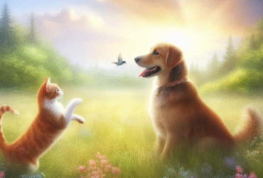 Dog and cat in a meadow