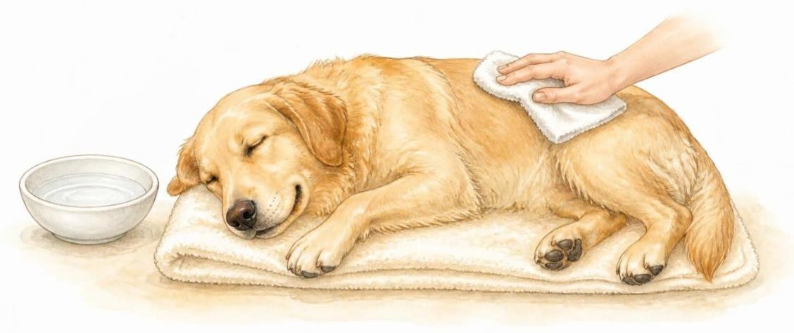 Illustration of a hand gently wiping a sleeping dog with a soft cloth